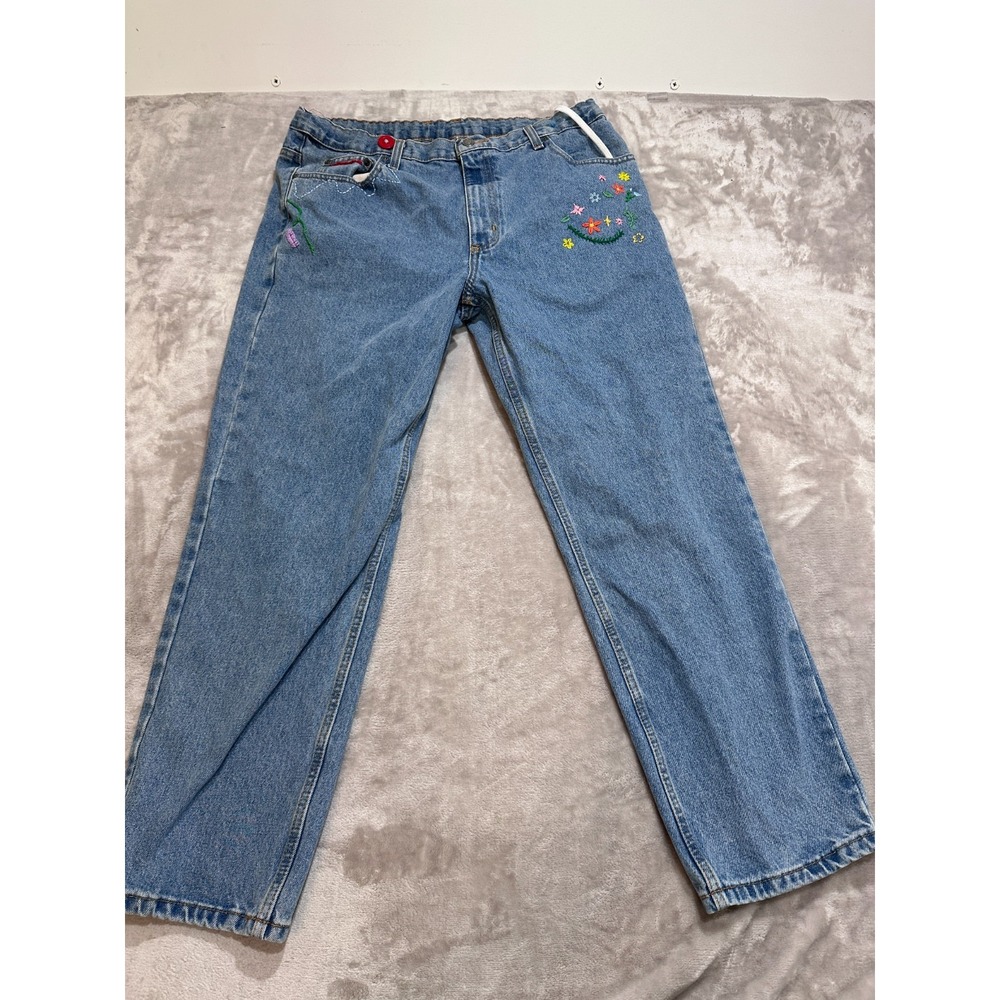 Perry Ellis Jeans Mens Size 36 Custom Embroidered Floral Moon Unisex Boho Pants